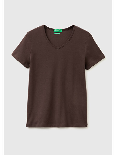 United Colors Of Benetton Kadın Kahverengi %100 Pamuk Geniş V Yaka T-Shirt