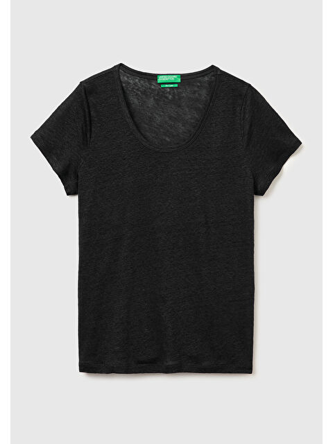 United Colors Of Benetton Kadın Siyah %100 Keten Geniş Yaka Kısa Kollu T-Shirt
