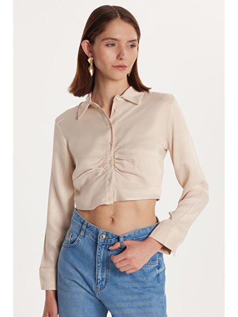 TUDORS Kadın Slim Fit Dar Kesim Uzun Kollu  Klasik Yaka Taş Rengi Gömlek - S000521802-25636