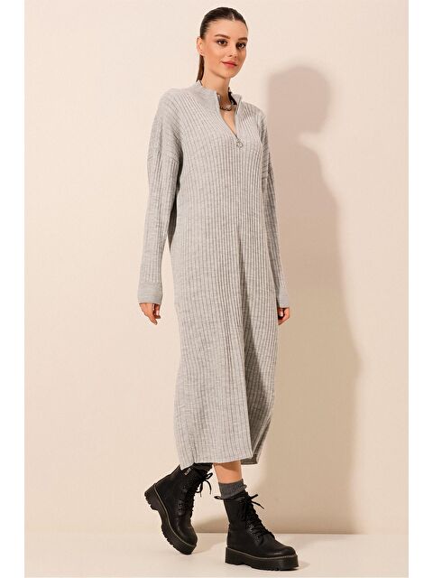 Bigdart 15839 Boydan Triko Elbise - Gri - S000110376-20600