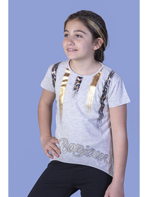 Toontoykids Kız Çocuk Varak Baskılı Taş İşlemeli Tişört