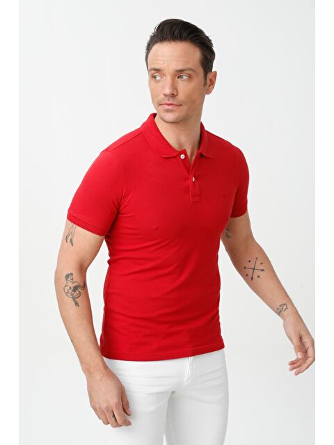 igs Kırmızı Modern Fit Dar Kalıp Polo Yaka Düz Kısa Kollu Pamuklu Tişört - S000490445-20045