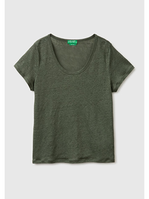 United Colors Of Benetton Kadın Haki %100 Keten Geniş Yaka Kısa Kollu T-Shirt
