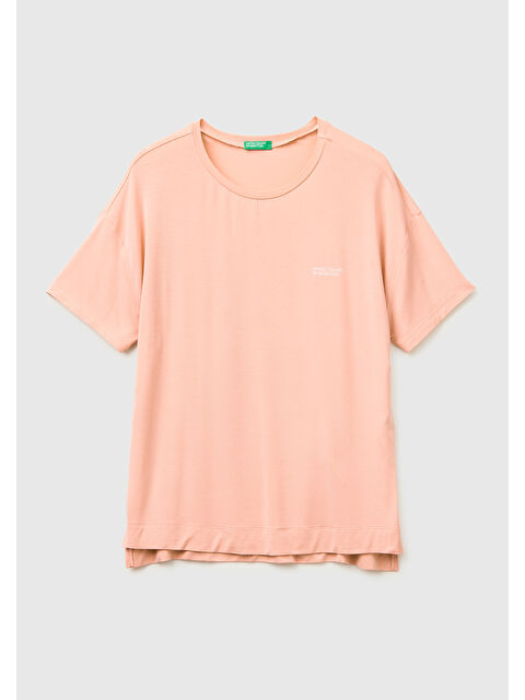 United Colors Of Benetton Kadın Somon Modal Karışımlı Logolu Kısa Kollu Yuvarlak Yaka T-Shirt