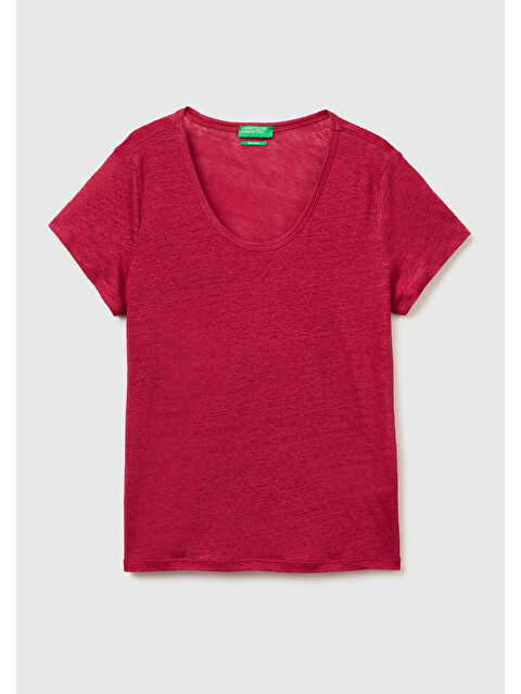 United Colors Of Benetton Kadın Fuşya %100 Keten Geniş Yaka Kısa Kollu T-Shirt