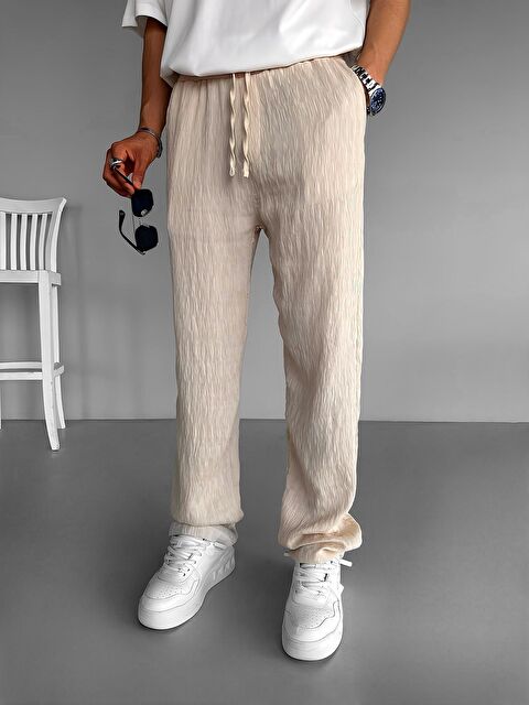 Abluka Online Baggy Fit Desenli Beli Lastikli Rahat Erkek Pantolon Bej - S000161053-19928