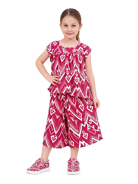 Modanino Kız Çocuk Geniş Kaprili ve Desen Detaylı Alt-Üst Takım 2-12 Yaş 12578HC