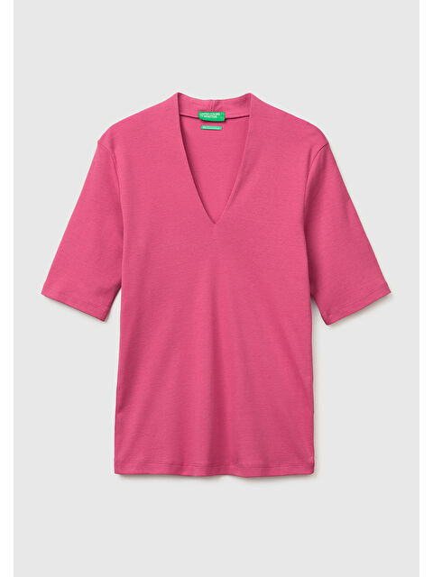 United Colors Of Benetton Kadın Fuşya %100 Pamuk Yarım Kollu Derin V Yaka T-Shirt