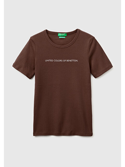 United Colors Of Benetton Kadın Kahverengi %100 Pamuk Logo Baskılı Bisiklet Yaka T-Shirt