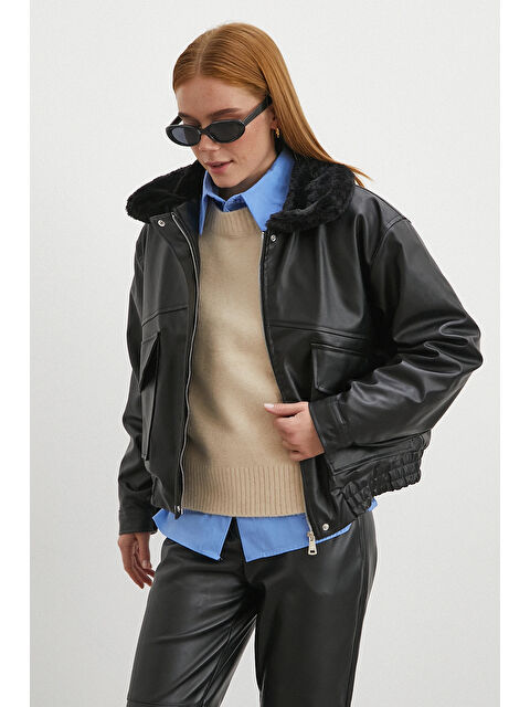 Never More Pelüş Astar Detaylı Deri Mont Siyah - S000487626-19351