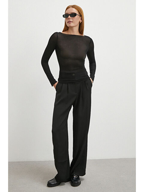 Never More Beli Lastikli Pileli Geniş Paça Pantolon Siyah - S000467703-19351