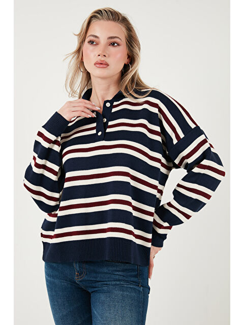 Lela Çizgili Oversize Fit Düğmeli Polo Yaka Kazak 4615259 - S000483845-21164