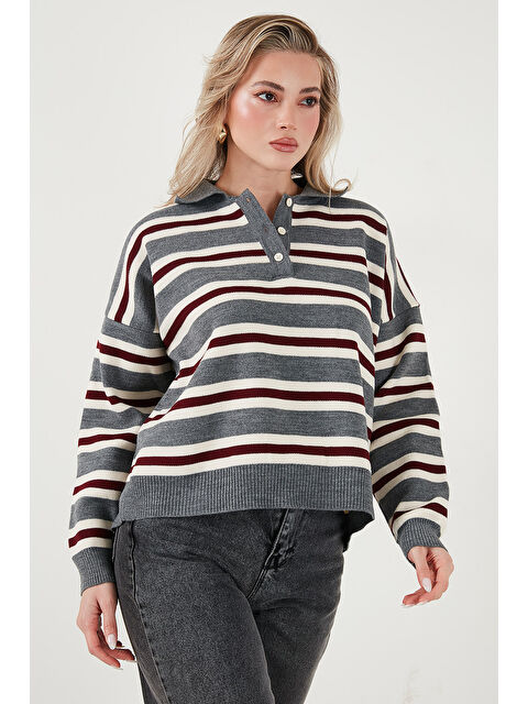 Lela Çizgili Oversize Fit Düğmeli Polo Yaka Kazak 4615259 - S000483845-20600