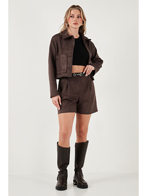 Lela Regular Fit Yüksek Bel Süet Dokulu Pile Detaylı Şort 6522022 - S000483846-19413