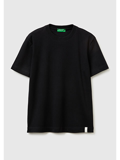 United Colors Of Benetton Kadın Siyah %100 Pamuk Etek Ucu Logo Detaylı Bisiklet Yaka T-Shirt