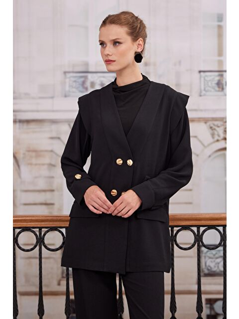 HE-QA Kruvaze Blazer Ceket Pantolon Takım Siyah