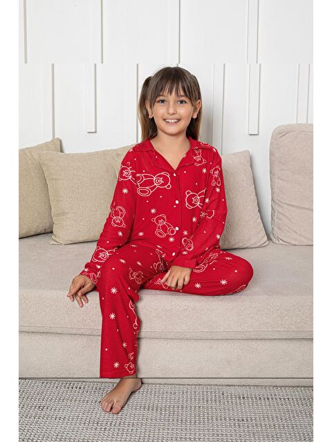 Kompedan Kız Çocuk Süet Önden Düğmeli Pijama Takım | Kırmızı P605-164 - S000473016-20045