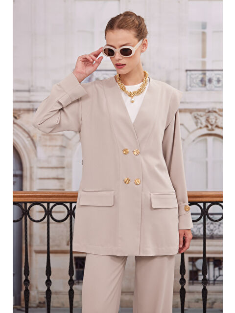 HE-QA Kruvaze Blazer Ceket Pantolon Takım Bej