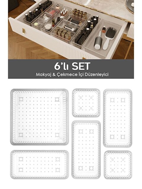 Meleni Home 6lı Çekmece İçi Çok Amaçlı Organizer Kozmetik Takı Makyaj Organizeri Dolap İçi Düzenleyici Şeffaf - S000385519-26865