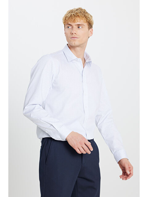 AC&Co / Altınyıldız Classics Erkek Gri-Beyaz Ütü Gerektirmeyen %100 Pamuk Slim Fit Klasik Yaka Gömlek