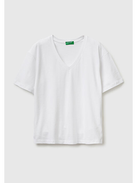 United Colors Of Benetton Kadın Beyaz %100 Pamuk Klasik V Yaka T-Shirt