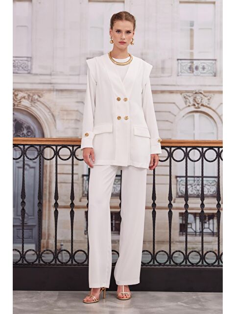 HE-QA Kruvaze Blazer Ceket Pantolon Takım Kırık Beyaz