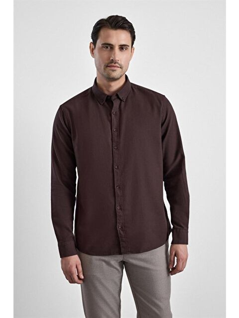 Süvari Koyu Kahve Slim Düğmeli Yaka Düz Casual Gömlek