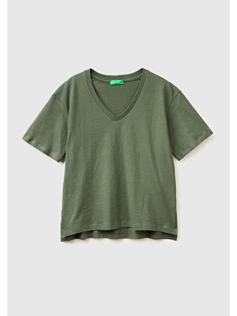 United Colors Of Benetton Kadın Haki %100 Pamuk Klasik V Yaka T-Shirt