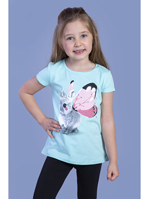 Toontoykids Kız Çocuk Tavşan Baskılı Pul İşlemeli Tişört