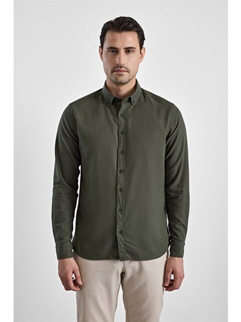 Süvari Koyu Yeşil Slim Düğmeli Yaka Düz Casual Gömlek