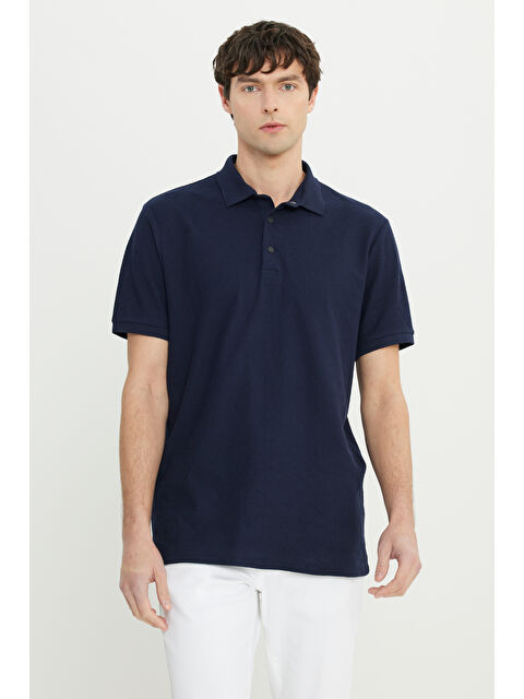 Altınyıldız Classics Erkek Lacivert %100 Pamuk Comfort Fit Rahat Kesim Polo Yaka Jakarlı Tişört