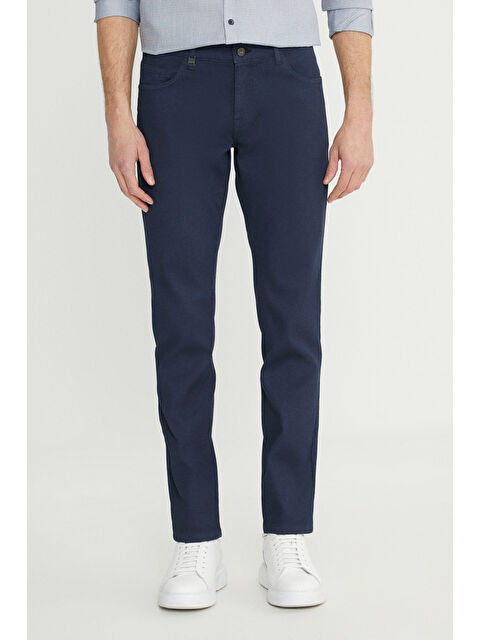 Altınyıldız Classics Erkek Lacivert Pamuklu Slim Fit 5 Cep Armürlü Esnek Casual Pantolon
