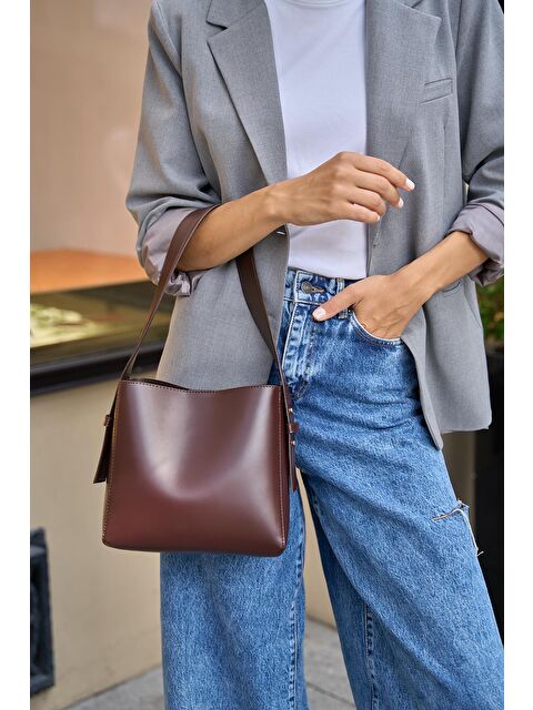 MADAMRA Shopper Yumuşak Deri Ayarlanabilir Askılı Omuz Çantası Kahverengi - S000323292-19413
