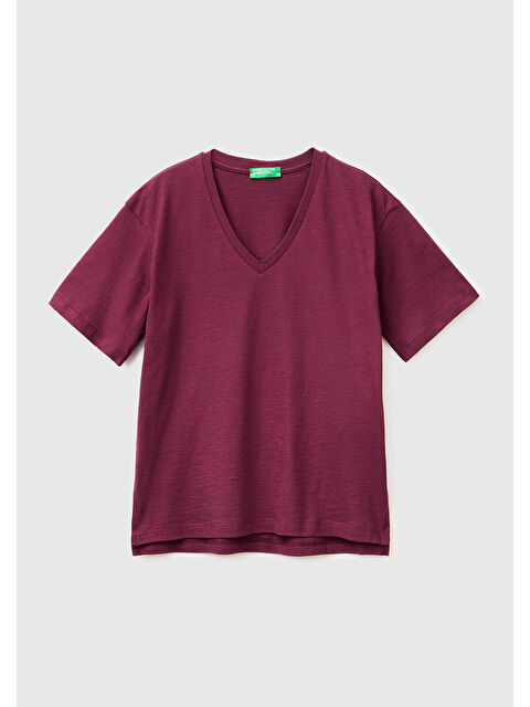 United Colors Of Benetton Kadın Bordo %100 Pamuk Klasik V Yaka T-Shirt