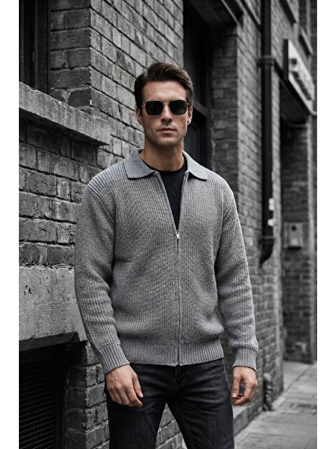 Oksit Mams Erkek Slim Fit Fermuarlı Polo Yaka Ribanalı Triko Hırka