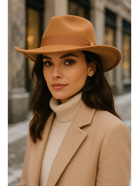 Luminos Butik Kadın Camel Kenarı Kıvrık Kovboy Kaşe Panama Şapka SPK1149 - S000447060-4557