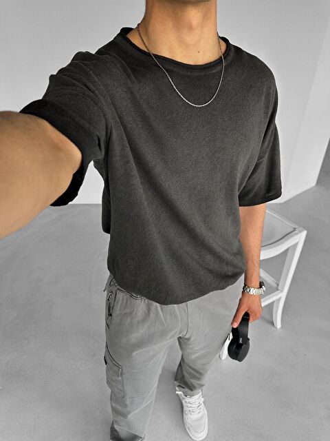 Abluka Online Erkek Oversize %100 Pamuk Eskitmeli Nefes Alabilen Triko Tişört Siyah - S000176081-19351