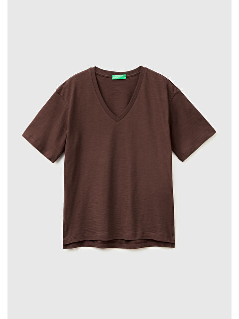 United Colors Of Benetton Kadın Kahverengi %100 Pamuk Klasik V Yaka T-Shirt