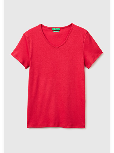 United Colors Of Benetton Kadın Kırmızı %100 Pamuk Geniş V Yaka T-Shirt
