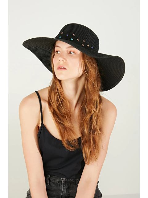 Luminos Butik Siyah Renkli Taş Detaylı Siyah Örgü Dokulu Yazlık Hasır Geniş Kenar Şapka HSR2100 - S000375075-15542