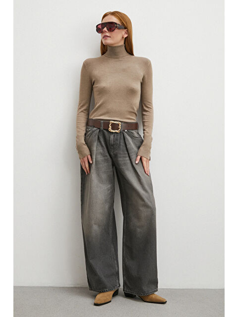 Never More Yüksek Bel Pileli Geniş Paça Jean Füme - S000487630-33408