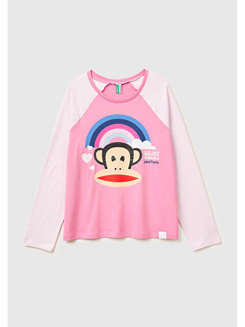 United Colors Of Benetton Kadın Pembe Pamuk Karışımlı Etek Ucu Logolu Baskılı Uzun Kollu T-Shirt
