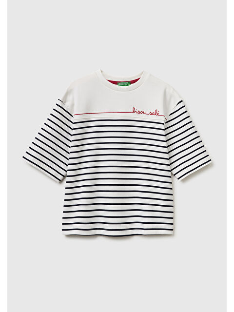 United Colors Of Benetton Kadın Lacivert Pamuk Karışımlı Nakış Detaylı Çizgili Bisiklet Yaka T-Shirt