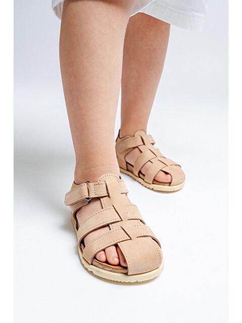 Mnpc Unisex Çocuk Bej Hakiki Deri Mantar Tabanlı Günlük Çocuk Sandalet - S000366123-19928