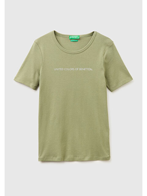 United Colors Of Benetton Kadın Haki %100 Pamuk Logo Baskılı Bisiklet Yaka T-Shirt