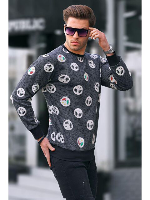 Madmext Siyah Bisiklet Yaka Baskılı Sweatshirt 1707 - S000115297-19351