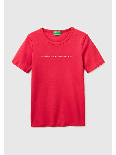 United Colors Of Benetton Kadın Kırmızı %100 Pamuk Logo Baskılı Bisiklet Yaka T-Shirt