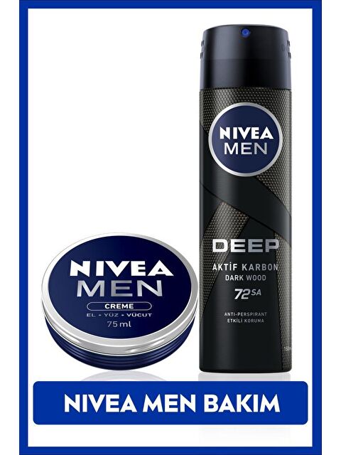 NIVEA MEN Erkek Sprey Deodorant Deep Dimension 150ml, 72 Saat Koruma ve Erkek Bakım Kremi 75ml - S000146121-26865