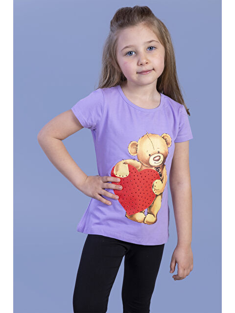 Toontoykids Kız Çocuk Kalpli Ayıcık Baskılı Taş İşlemeli Tişört