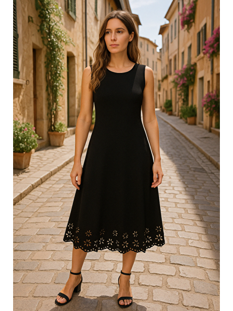 Jane's Kadın Kolsuz Etek Ucu Lazer Kesim çiçek Desenli Midi Boy Ithal Krep Elbise